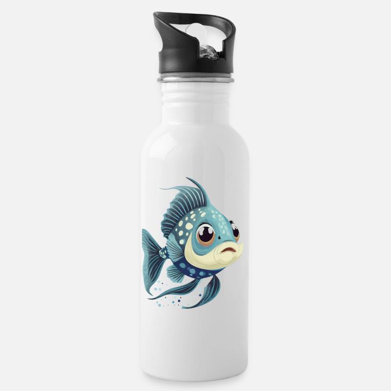 Niedlicher Fisch - Trinkflasche mit integriertem Trinkhalm - Weiß