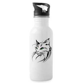 Cat Silhouette Outline Drawing Lineart Art - Water bottle with straw - white - Right