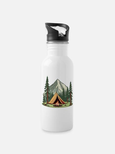 Illustration tente et feu de camp dans la nature - Gourde avec paille intégrée - blanc