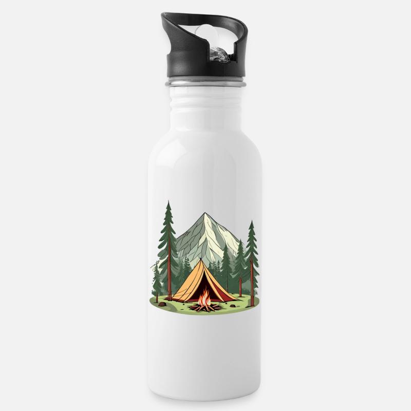 Illustration tente et feu de camp dans la nature - Gourde avec paille intégrée - blanc