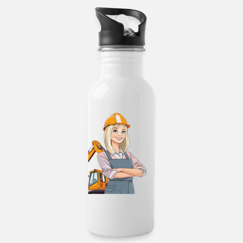Bauarbeiterin oder Architektin auf der Baustelle - Trinkflasche mit integriertem Trinkhalm - Weiß