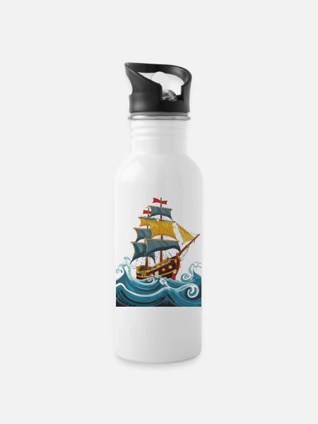 Segelschiff - Trinkflasche mit integriertem Trinkhalm - Weiß