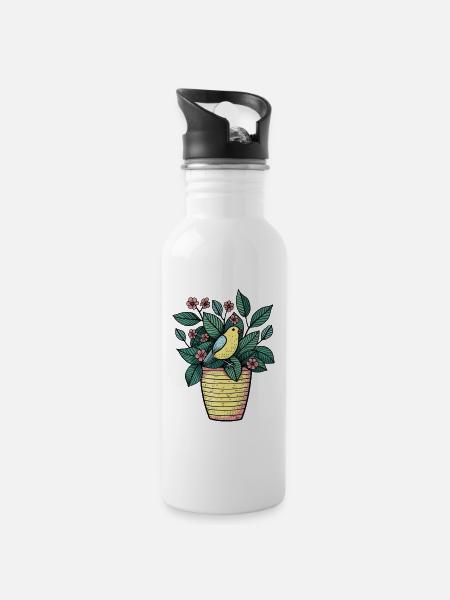 Vogel im Blumentopf - Stilzeichnung - Trinkflasche mit integriertem Trinkhalm - Weiß