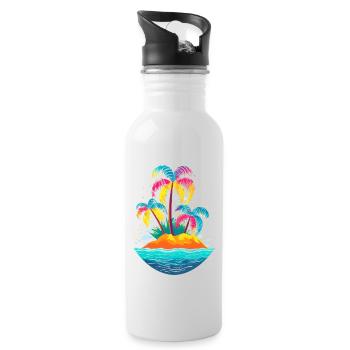 Bunte Insel mit Palmen im Meer - Trinkflasche mit integriertem Trinkhalm - Weiß - Rechts