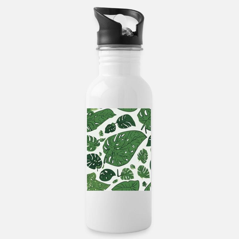 Monastera Muster T-Shirt - Trinkflasche mit integriertem Trinkhalm - Weiß