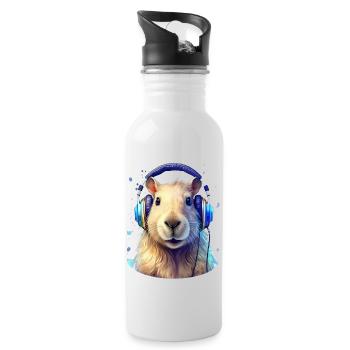 Capybara hört mit Kopfhörern Musik - Trinkflasche mit integriertem Trinkhalm - Weiß - Rechts