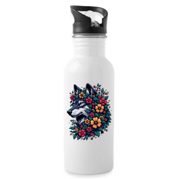 Loup avec des fleurs motif animal coloré Fleurs de loup gris - Gourde avec paille intégrée - blanc - Droite