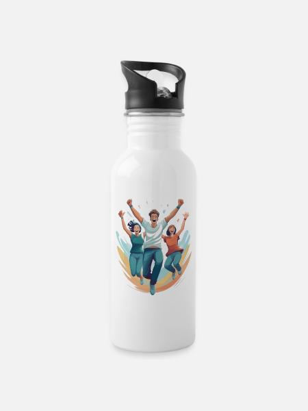 Vor Freude hüpfen - Trinkflasche mit integriertem Trinkhalm - Weiß