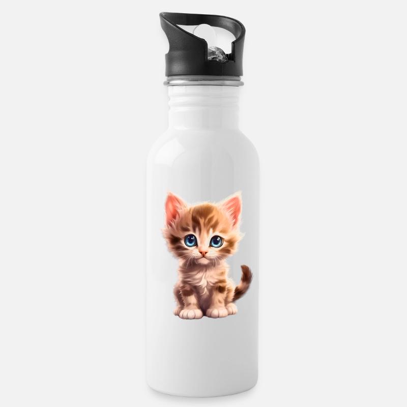 Niedliches Kätzchen - Trinkflasche mit integriertem Trinkhalm - Weiß