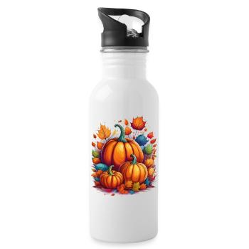Pumpkins surrounded by colorful foliage – autumn - Water bottle with straw - white - Right