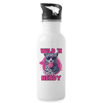 Leopard mit Sonnenbrille und pinkem Kaugummi - Trinkflasche mit integriertem Trinkhalm - Weiß - Rechts