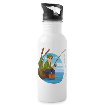 Ein Angler sitzt gemütlich am See und angelt - Trinkflasche mit integriertem Trinkhalm - Weiß - Rechts
