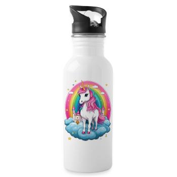 Fantasy Einhorn mit Regenbogen und Schloss - Trinkflasche mit integriertem Trinkhalm - Weiß - Rechts