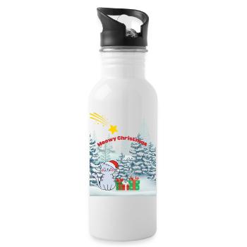 Meowy Christmas - Katze mit Sternschnuppe - Trinkflasche mit integriertem Trinkhalm - Weiß - Rechts