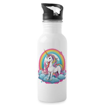 Licorne avec arc-en-ciel, nuages et château rose - Gourde avec paille intégrée - blanc - Droite