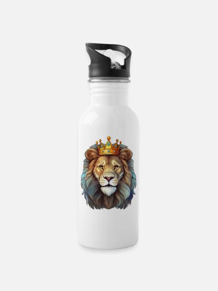 Löwe mit Krone - Trinkflasche mit integriertem Trinkhalm - Weiß