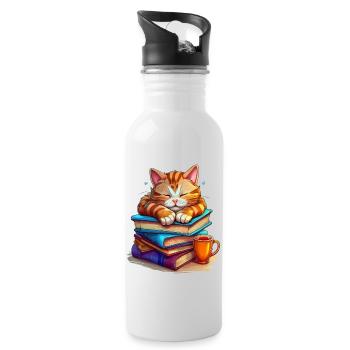 Cute cat sleeping on a pile of books - Water bottle with straw - white - Right