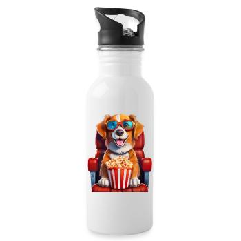 Ein Hund im Kino mit Popcorn - Trinkflasche mit integriertem Trinkhalm - Weiß - Rechts