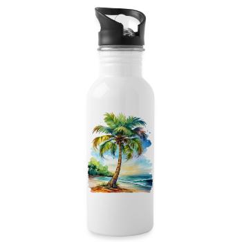 Watercolor: Palm tree on the beach - Water bottle with straw - white - Right