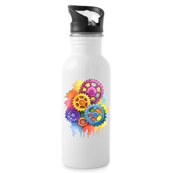 bunte Zahnräder - Trinkflasche mit integriertem Trinkhalm - Weiß - Rechts