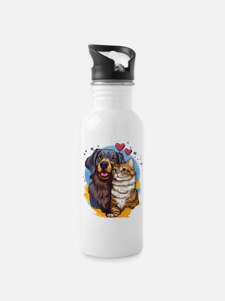 Hund und Katze – Pop-Art Illustration - Trinkflasche mit integriertem Trinkhalm - Weiß
