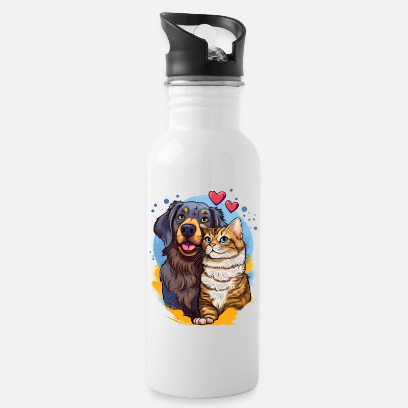 Hund und Katze – Pop-Art Illustration - Trinkflasche mit integriertem Trinkhalm - Weiß