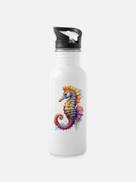Seepferdchen - Trinkflasche mit integriertem Trinkhalm - Weiß