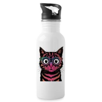Rainbow Cat with Glasses - Water bottle with straw - white - Right