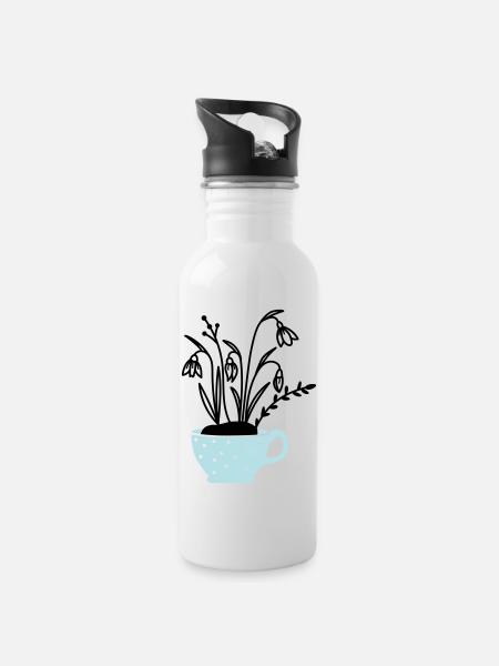 Schneeglöckchen in Tasse - Trinkflasche mit integriertem Trinkhalm - Weiß