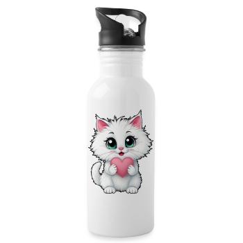 Chat blanc mignon tenant un cœur 1 - Gourde avec paille intégrée - blanc - Droite