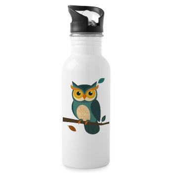 Wise Owl on a Branch – Charming Animal Design - Water bottle with straw - white - Right