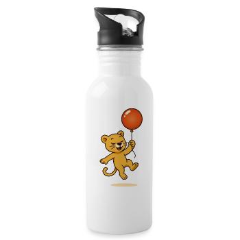 Fröhlicher Löwe mit Ballon schwebt durch die Lüfte - Trinkflasche mit integriertem Trinkhalm - Weiß - Rechts