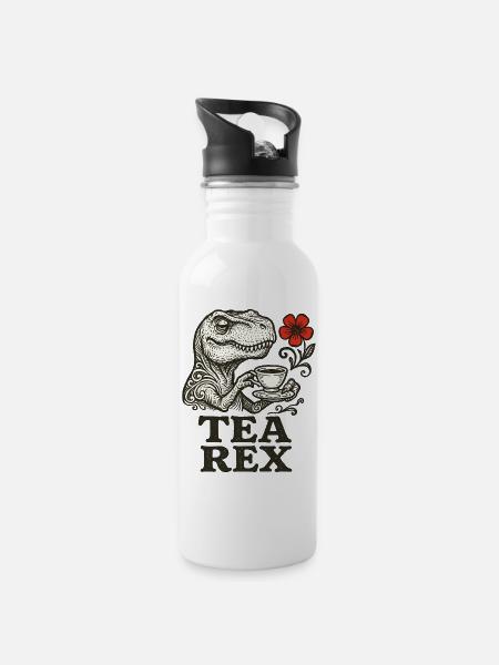 Dinosaurier mit Tee und Blumenakzent - Trinkflasche mit integriertem Trinkhalm - Weiß