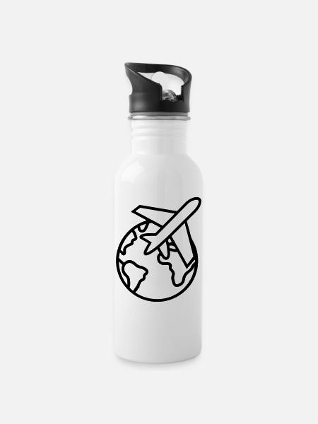 Weltreise-Symbol - Trinkflasche mit integriertem Trinkhalm - Weiß