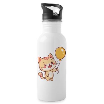 Glückliche gelbe Ballonkatze - Trinkflasche mit integriertem Trinkhalm - Weiß - Rechts