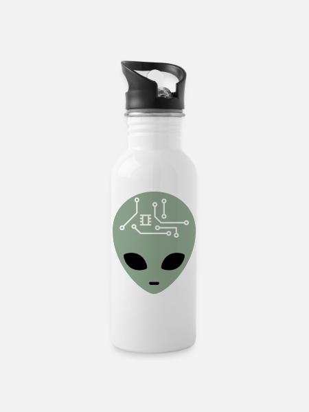 Alien Head with Circuits (three colours) - Water bottle with straw - white