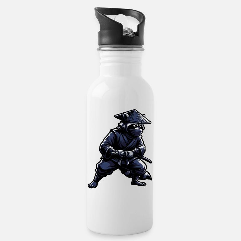 Ninja Waschbär mit Katana - Trinkflasche mit integriertem Trinkhalm - Weiß