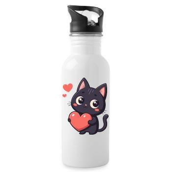 Chat noir cœur kawaii - Gourde avec paille intégrée - blanc - Droite