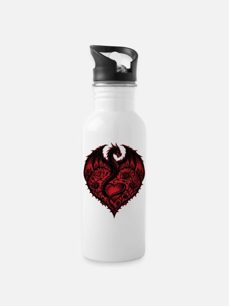 Herz Romantischer Drachenliebhaber Rosen Liebe - Trinkflasche mit integriertem Trinkhalm - Weiß