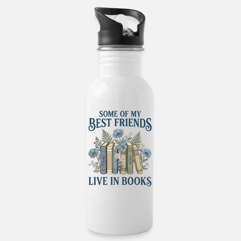 Book Lover Vintage Botanical Friends (Navy Text) - Water bottle with straw - white