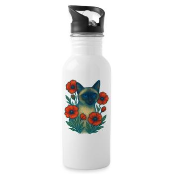 Azure Cat in Poppy Garden - Water bottle with straw - white - Right