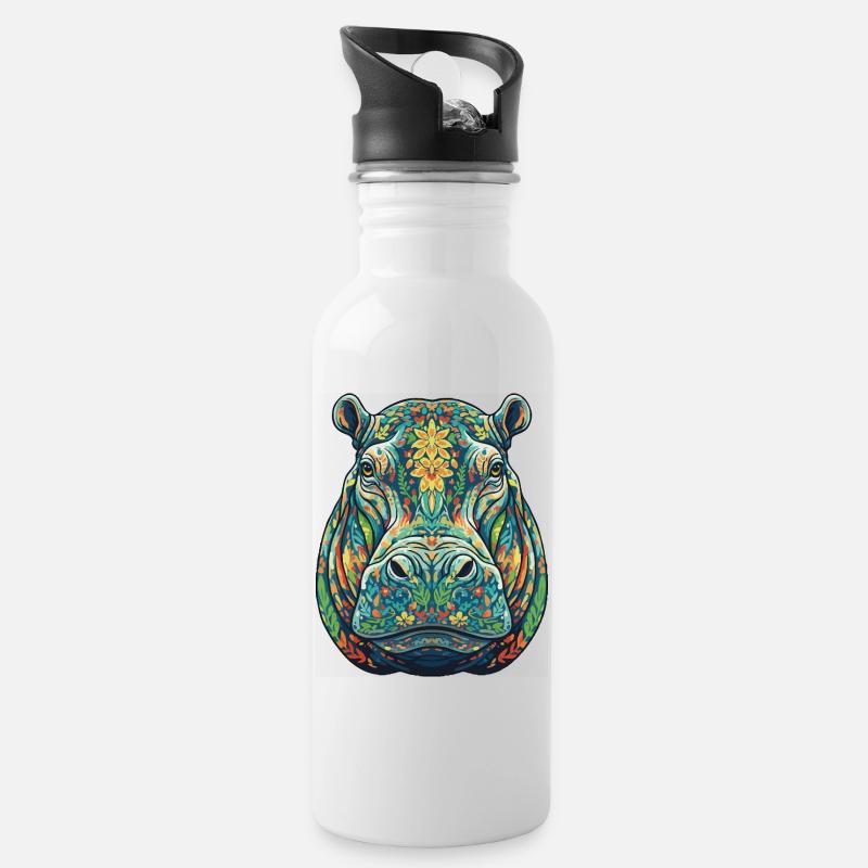 Buntes Nilpferd mit Blumen - Trinkflasche mit integriertem Trinkhalm - Weiß