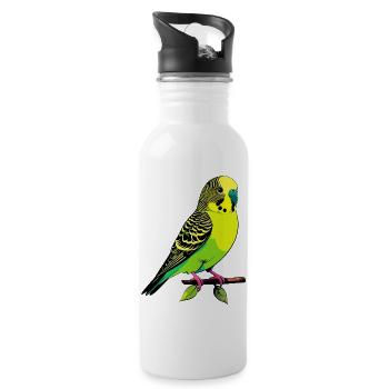 Neon Yellow-green Budgie Bird Sitting on Branch - Water bottle with straw - white - Right