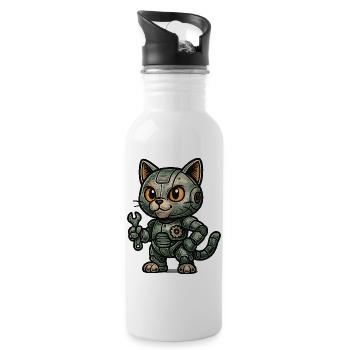 Retro RoboCat with Tools - Water bottle with straw - white - Right