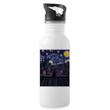 Mitternachtskatze über wirbelnder Skyline - Trinkflasche mit integriertem Trinkhalm - Weiß - Rechts