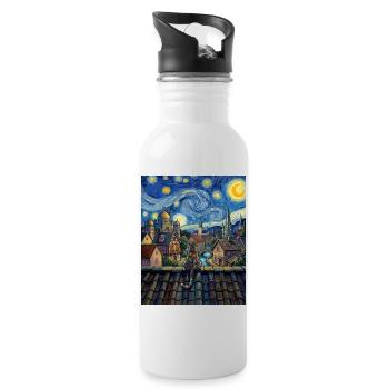 Kosmische Katze über mondbeschienener Stadt - Trinkflasche mit integriertem Trinkhalm - Weiß - Rechts