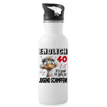 Endlich 40: Strauß Vogel Geburtstag Birthday - Trinkflasche mit integriertem Trinkhalm - Weiß - Rechts