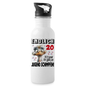 Endlich 20: Strauß Vogel Geburtstag Birthday - Trinkflasche mit integriertem Trinkhalm - Weiß - Rechts
