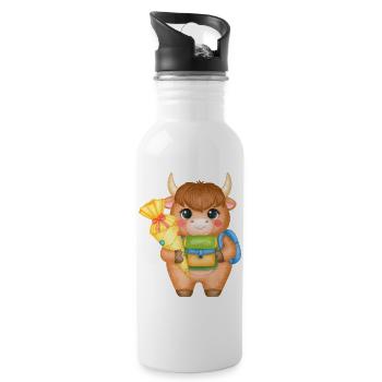 Highland Cow with School Cone & Satchel – School - Water bottle with straw - white - Right