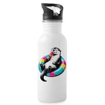Otter mit Eis im Stencil Style - Trinkflasche mit integriertem Trinkhalm - Weiß - Rechts